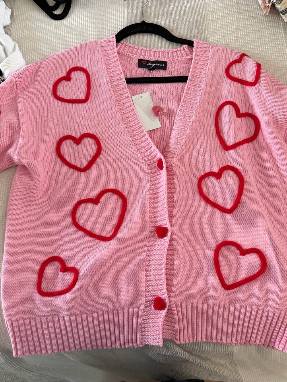 32 Degrees Pink Cardigan with Red Heart Appliqués